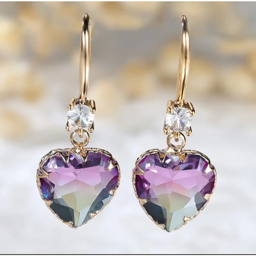 Elegant Heart-Shaped Tourmaline Drop Earrings with Sparkling Cubic Zirconia